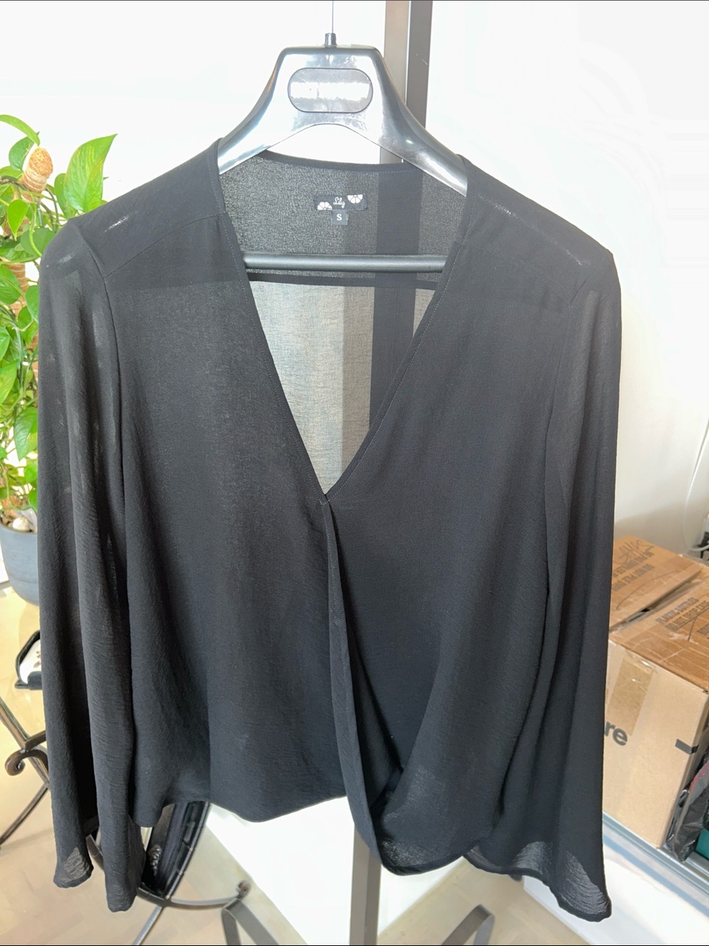 Lily Black V-Neck Draped Wrap Blouse sheer flowing draped waist